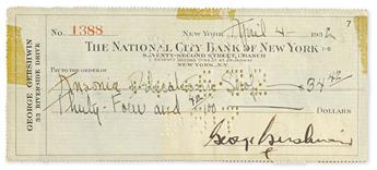 GERSHWIN, GEORGE. Check Signed, to Ansonia Delicatessen Shop,